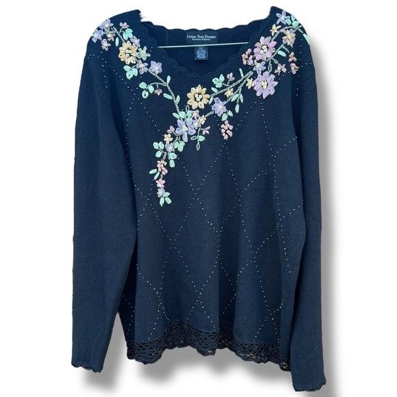Celina Yang Deaigns Sweaters - 1990s Celina Yang Designs Floral Beaded Knit Sweater